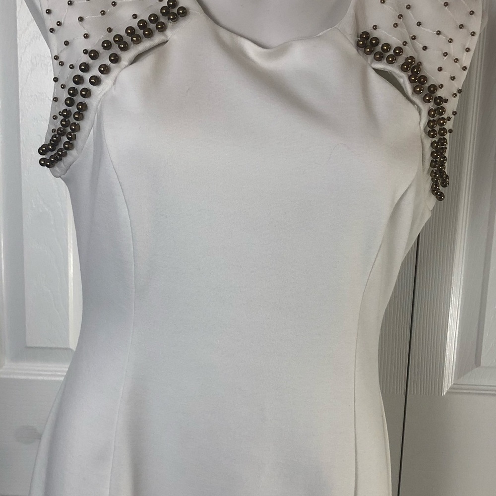 Ruby Rox Cream Colored Lined Sleeveless Dress with Gold Beads. Size 13 - Picture 5 of 12